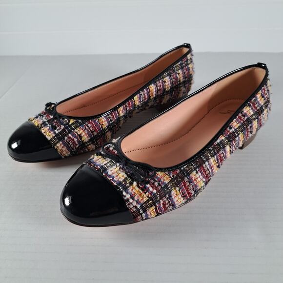 J Crew Cap Toe Ballet Flats Womens 8 Black Patent Multicolor Sparkle Tweed Shoes - Picture 3 of 14
